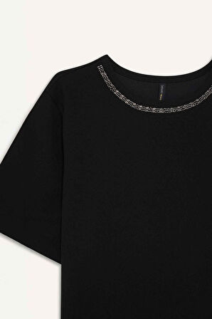 Regular Fit Bisiklet Yaka Nakış Baskı Baskılı Krep Kısa Kollu Tişört