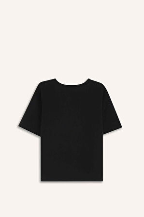 Regular Fit Bisiklet Yaka Nakış Baskı Baskılı Krep Kısa Kollu Tişört