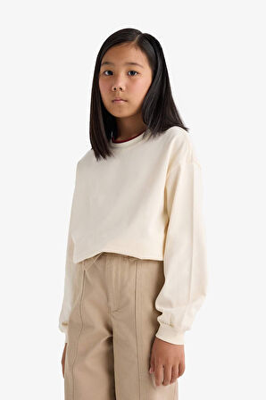 Kız Çocuk Relax Fit Bisiklet Yaka Uzun Kollu Tişört