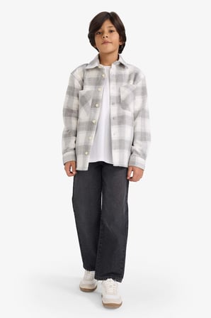 DeFacto Oversize Geniş Kalıp Polo Yaka Ekose Desenli Flanel Uzun Kollu Gömlek Erkek Çocuk G3297A825WNGR91