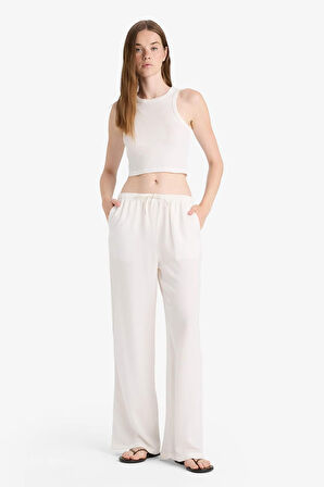 Wide Leg Cepli Yüksek Bel Standart Boy Keten Karışımlı Pantolon