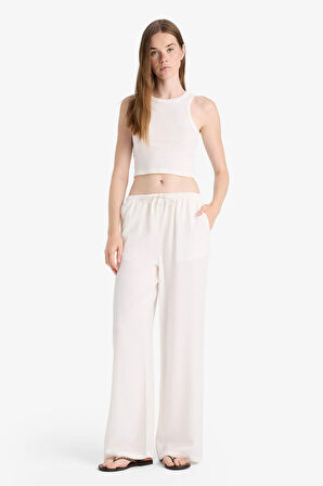 Wide Leg Cepli Yüksek Bel Standart Boy Keten Karışımlı Pantolon