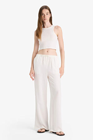 Wide Leg Cepli Yüksek Bel Standart Boy Keten Karışımlı Pantolon