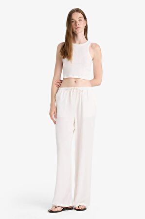 Wide Leg Cepli Yüksek Bel Standart Boy Keten Karışımlı Pantolon