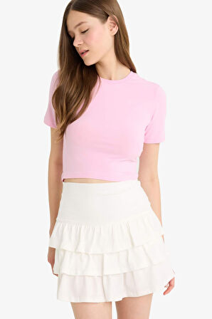 Coool Fitted Crop Basic Düz Kısa Kollu Tişört
