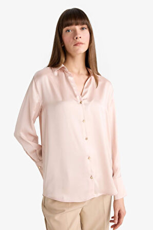 Regular Fit Gömlek Yaka Saten Uzun Kollu Gömlek