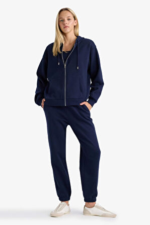 Relax Fit Kapüşonlu Basic Düz Kalın Fermuarlı Sweatshirt