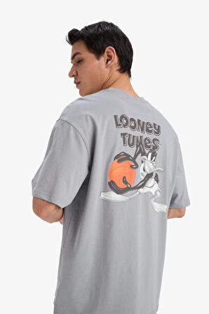 DeFacto %100 Pamuk Looney Tunes Boxy Fit Bisiklet Yaka Sırt Baskılı Kısa Kollu Tişört E9293AX25AUGR454