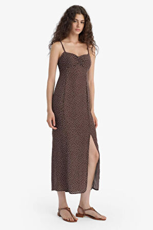 Bodycon Vücudu Saran Kalp Yaka Floral Maroken Askılı Midi Elbise