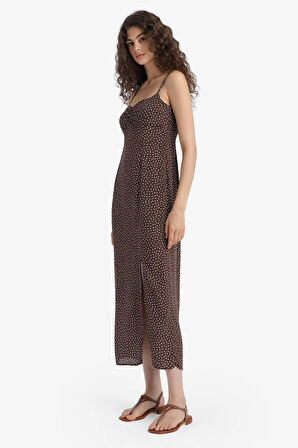 Bodycon Vücudu Saran Kalp Yaka Floral Maroken Askılı Midi Elbise