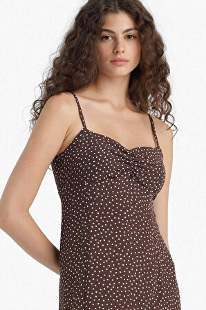 Bodycon Vücudu Saran Kalp Yaka Floral Maroken Askılı Midi Elbise