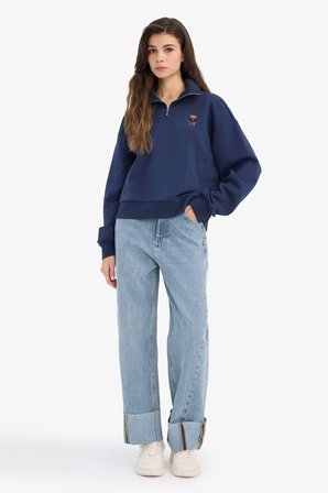 DeFacto Oversize Geniş Kalıp Yarım Fermuarlı Baskılı Kalın Sweatshirt G7217AX25CWNV1