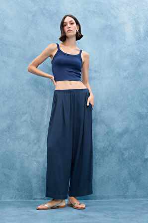 Balloon Fit Çift Cepli Normal Bel Crop Keten Karışımlı Pantolon