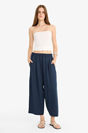 Balloon Fit Çift Cepli Normal Bel Crop Keten Karışımlı Pantolon