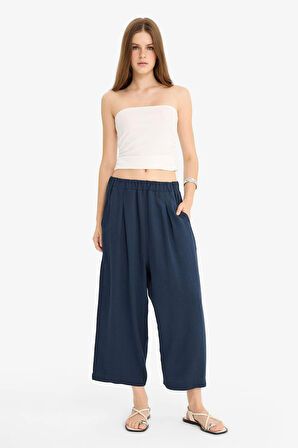 Balloon Fit Çift Cepli Normal Bel Crop Keten Karışımlı Pantolon
