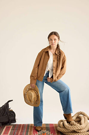 Kız Çocuk Ceket Yaka Düğmeli Süet Mont