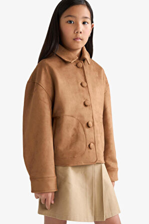 Kız Çocuk Ceket Yaka Düğmeli Süet Mont