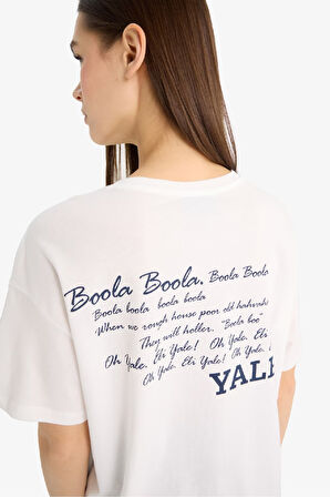 Yale University Oversize Geniş Kalıp Bisiklet Yaka Baskılı Kısa Kollu Tişört