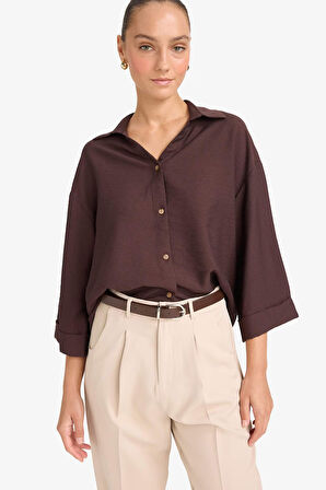 Overshirt Fit Kaçık Yaka Uzun Kollu Gömlek