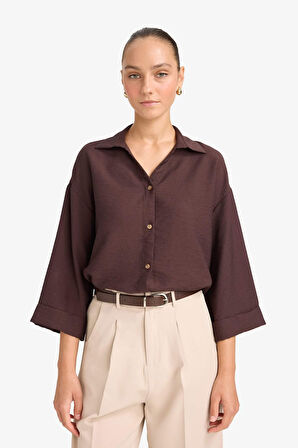 Overshirt Fit Kaçık Yaka Uzun Kollu Gömlek