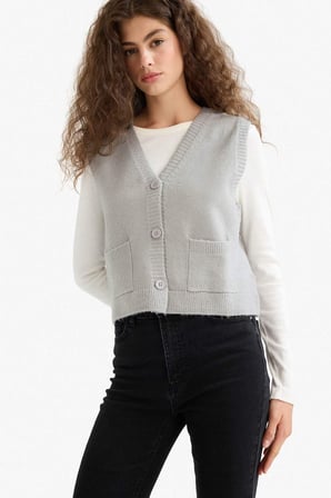 DeFacto Regular Fit V Yaka Cepli Düğmeli Triko Yelek E4686AX25WNGR210