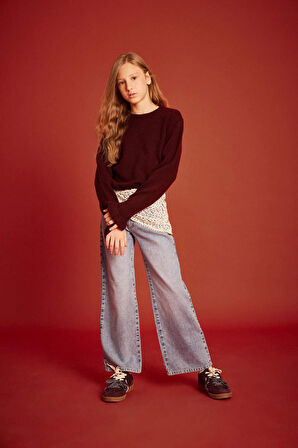 Kız Çocuk Straight Fit Geniş Paça Jean Pantolon