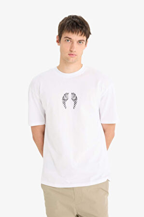 DeFacto %100 Pamuk Boxy Fit Bisiklet Yaka Sırt Baskılı Kısa Kollu Tişört F5764AX25SMWT34