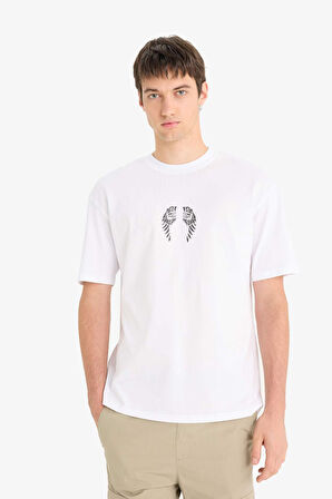 DeFacto %100 Pamuk Boxy Fit Bisiklet Yaka Sırt Baskılı Kısa Kollu Tişört F5764AX25SMWT34