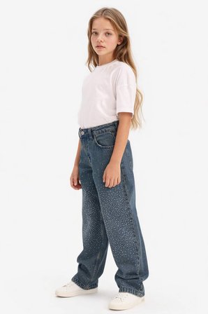 DeFacto %100 Pamuk Baggy Fit Geniş Paça Taşlı Jean Pantolon Kız Çocuk G4940A825AUNM28