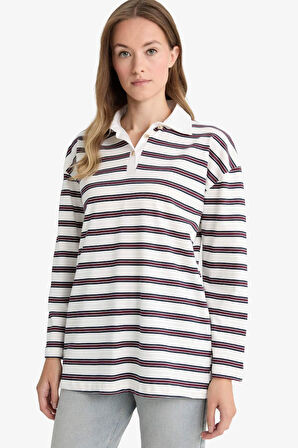 Regular Fit Polo Yaka Çizgili Uzun Kollu Tunik