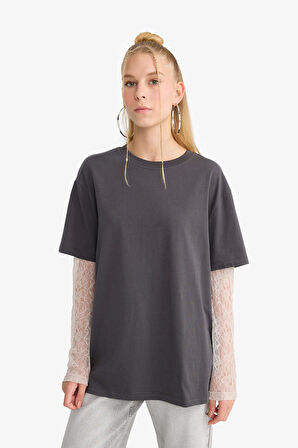 Coool Oversize Geniş Kalıp Bisiklet Yaka Dantel Detaylı Uzun Kollu Tişört 