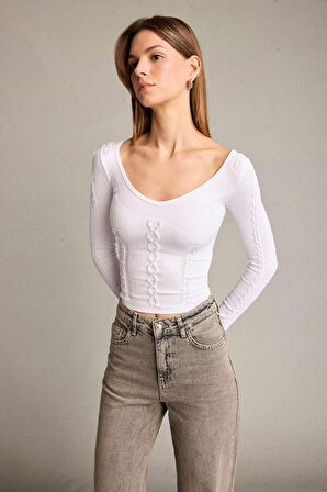 Fitted V Yaka Uzun Kollu Tişört