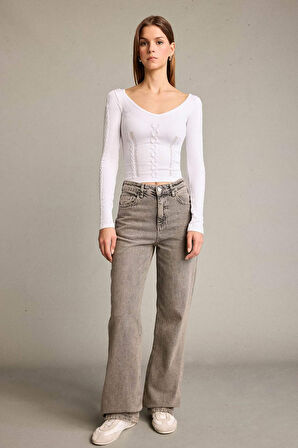 Fitted V Yaka Uzun Kollu Tişört