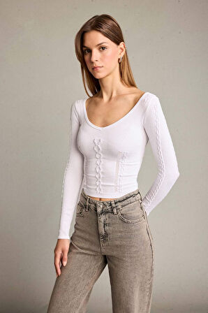 Fitted V Yaka Uzun Kollu Tişört