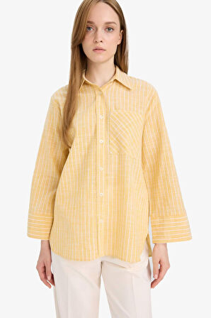 DeFacto Relax Fit Çizgili Flamlı Pamuk Uzun Kollu Gömlek Tunik F6314AX25SMYL508