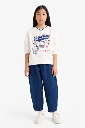 Kız Çocuk Hello Kitty Oversize Geniş Kalıp V Yaka Sweatshirt