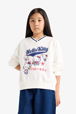 Kız Çocuk Hello Kitty Oversize Geniş Kalıp V Yaka Sweatshirt