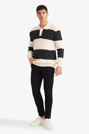 DeFacto Standart Fit Polo Yaka Çizgili Triko Kazak D3590AX25WNER139