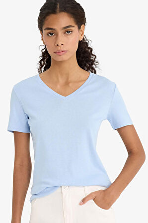 Slim Fit Dar Kesim V Yaka Basic Düz Ribana Kısa Kollu Tişört