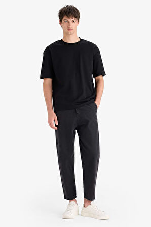 DeFacto Oversize Geniş Kalıp Bisiklet Yaka Basic Düz Kısa Kollu Siyah Tişört E9798AX25SPBK81