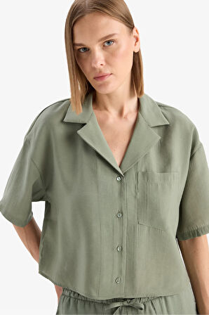 DeFacto Loose Fit Ceket Yaka Modal Kısa Kollu Gömlek F0399AX25SPGN460