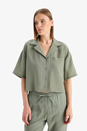 DeFacto Loose Fit Ceket Yaka Modal Kısa Kollu Gömlek F0399AX25SPGN460