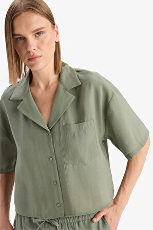 DeFacto Loose Fit Ceket Yaka Modal Kısa Kollu Gömlek F0399AX25SPGN460