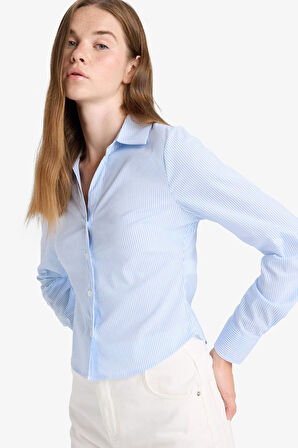 Fitted Gömlek Yaka Bengalin Uzun Kollu Gömlek