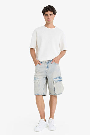 %100 Pamuk Baggy Fit Kargo Cepli Jean Bermuda Şort