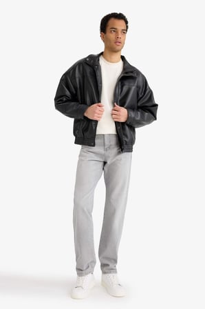 DeFacto Su İtici Oversize Fit Geniş Kalıp Dik Yaka İç Cepli Çıtçıt Kapamalı Beli Lastikli Deri Ceket Mont D2427AX26SPBK27