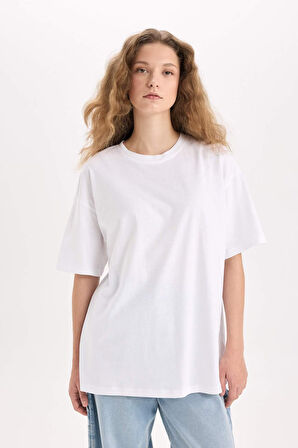 Oversize Geniş Kalıp Basic Düz Bisiklet Yaka Kısa Kollu Tişört