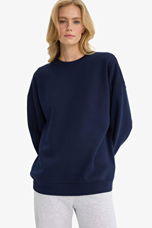 Oversize Geniş Kalıp Bisiklet Yaka Basic Düz Kalın Sweatshirt