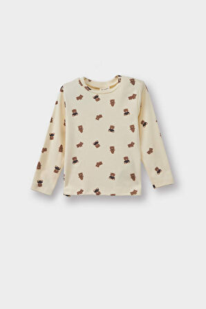 Erkek Bebek 2'li Takım Ayı Baskılı Uzun Kollu Tişört Kadife Salopet Tulum 