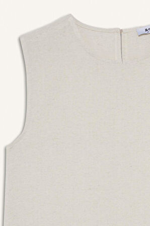 Regular Fit Bisiklet Yaka Basic Düz Keten Karışımlı Kolsuz Tunik